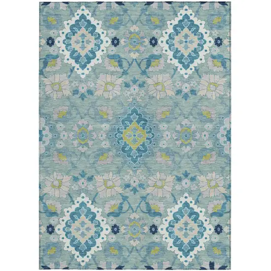 Teal Blue Green And Ivory Oriental Washable Indoor Outdoor Area Rug Photo 7