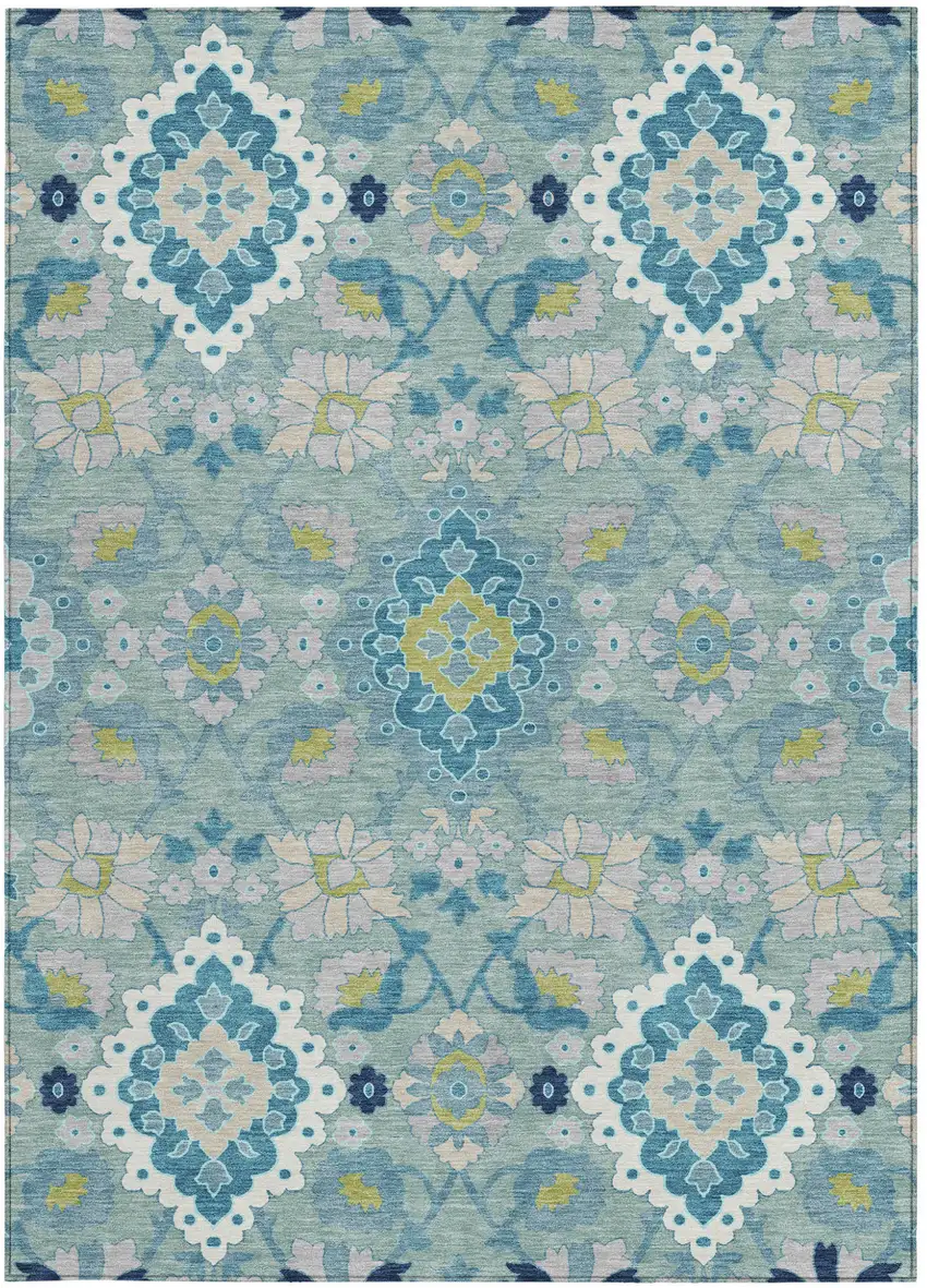 Teal Blue Green And Ivory Oriental Washable Indoor Outdoor Area Rug Photo 7