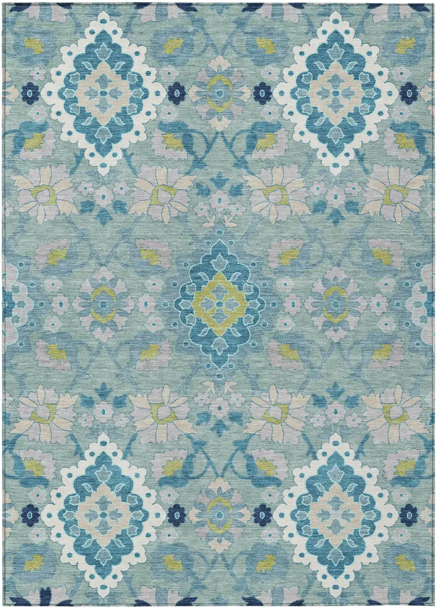 Teal Blue Green And Ivory Oriental Washable Indoor Outdoor Area Rug Photo 2