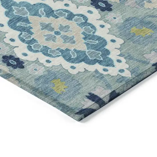 Teal Blue Green And Ivory Oriental Washable Indoor Outdoor Area Rug Photo 4