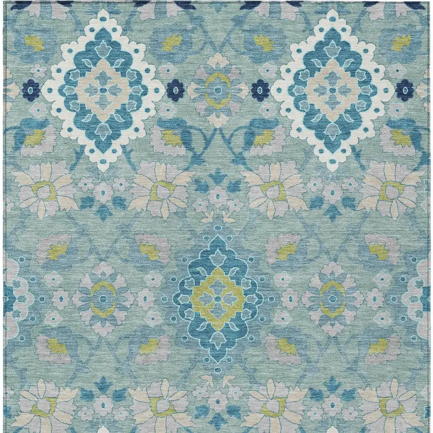 Teal Blue Green And Ivory Oriental Washable Indoor Outdoor Area Rug Photo 6
