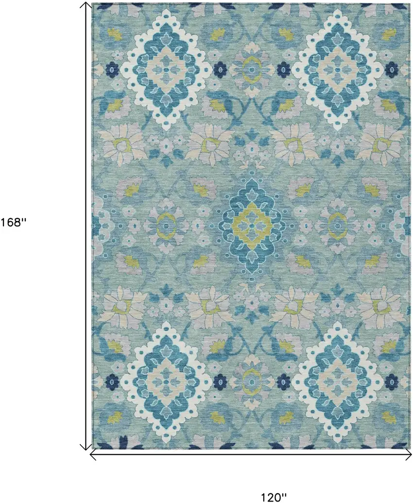 Teal Blue Green And Ivory Oriental Washable Indoor Outdoor Area Rug Photo 3