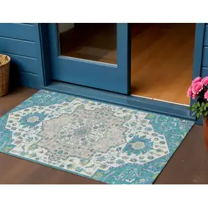 Photo of Teal Blue Green And Ivory Oriental Washable Indoor Outdoor Area Rug