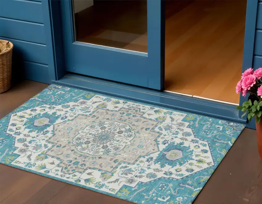 Teal Blue Green And Ivory Oriental Washable Indoor Outdoor Area Rug Photo 1