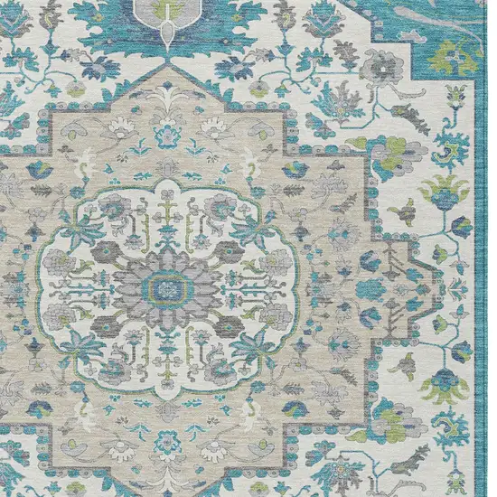Teal Blue Green And Ivory Oriental Washable Indoor Outdoor Area Rug Photo 6