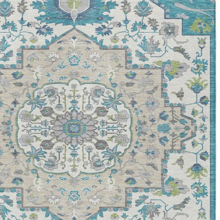 Teal Blue Green And Ivory Oriental Washable Indoor Outdoor Area Rug Photo 6