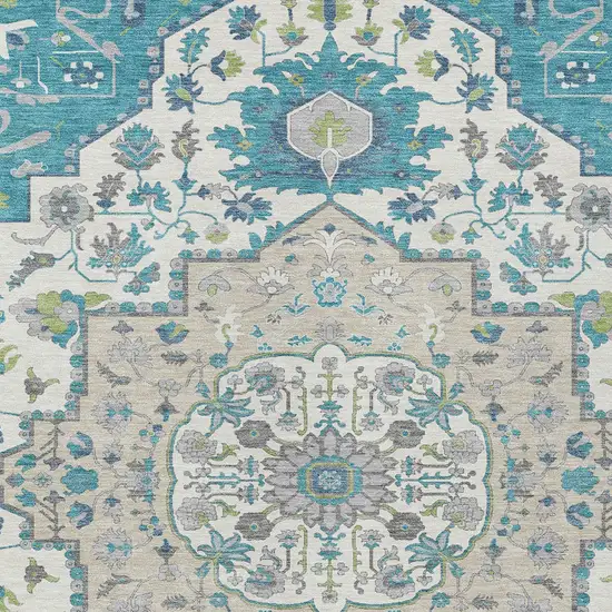Teal Blue Green And Ivory Oriental Washable Indoor Outdoor Area Rug Photo 6