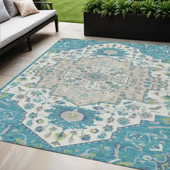 Teal Blue Green And Ivory Oriental Washable Indoor Outdoor Area Rug Photo 1