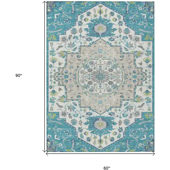 Teal Blue Green And Ivory Oriental Washable Indoor Outdoor Area Rug Photo 3