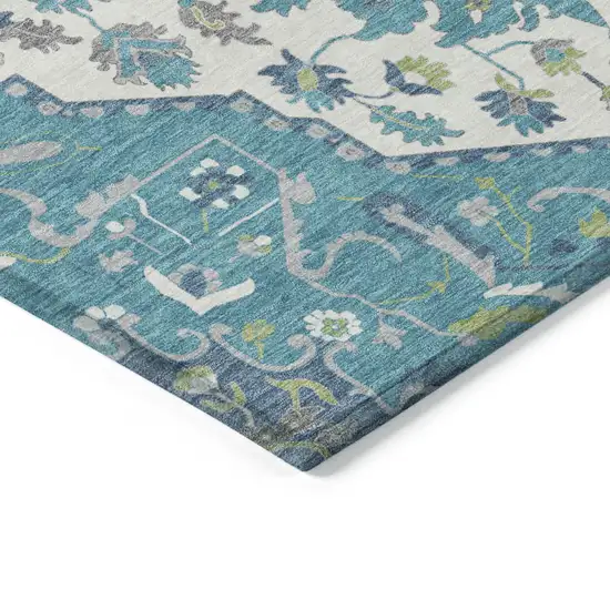 Teal Blue Green And Ivory Oriental Washable Indoor Outdoor Area Rug Photo 4