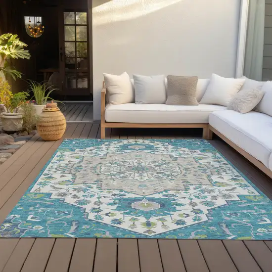 Teal Blue Green And Ivory Oriental Washable Indoor Outdoor Area Rug Photo 8