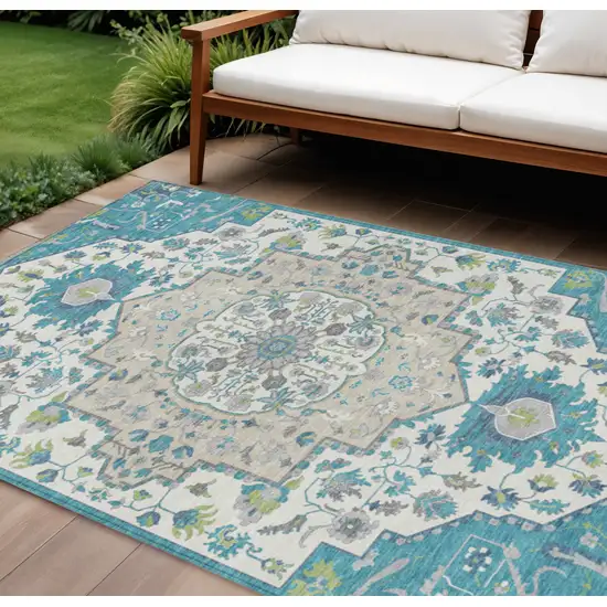 Teal Blue Green And Ivory Oriental Washable Indoor Outdoor Area Rug Photo 1