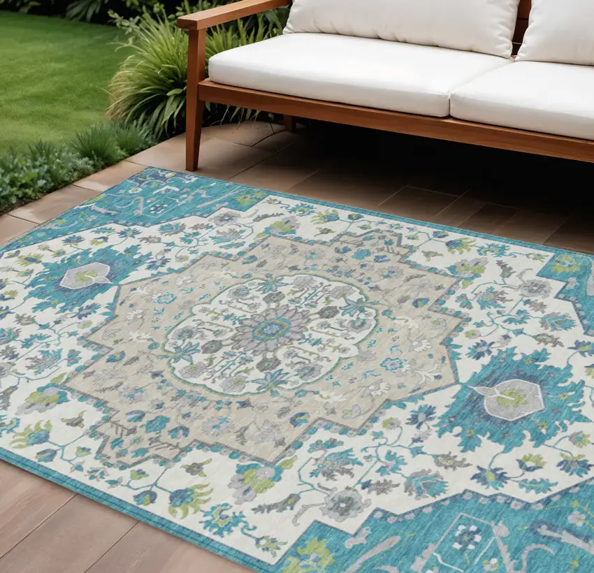 Teal Blue Green And Ivory Oriental Washable Indoor Outdoor Area Rug Photo 1