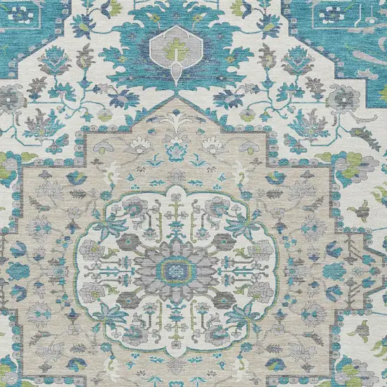 Teal Blue Green And Ivory Oriental Washable Indoor Outdoor Area Rug Photo 6
