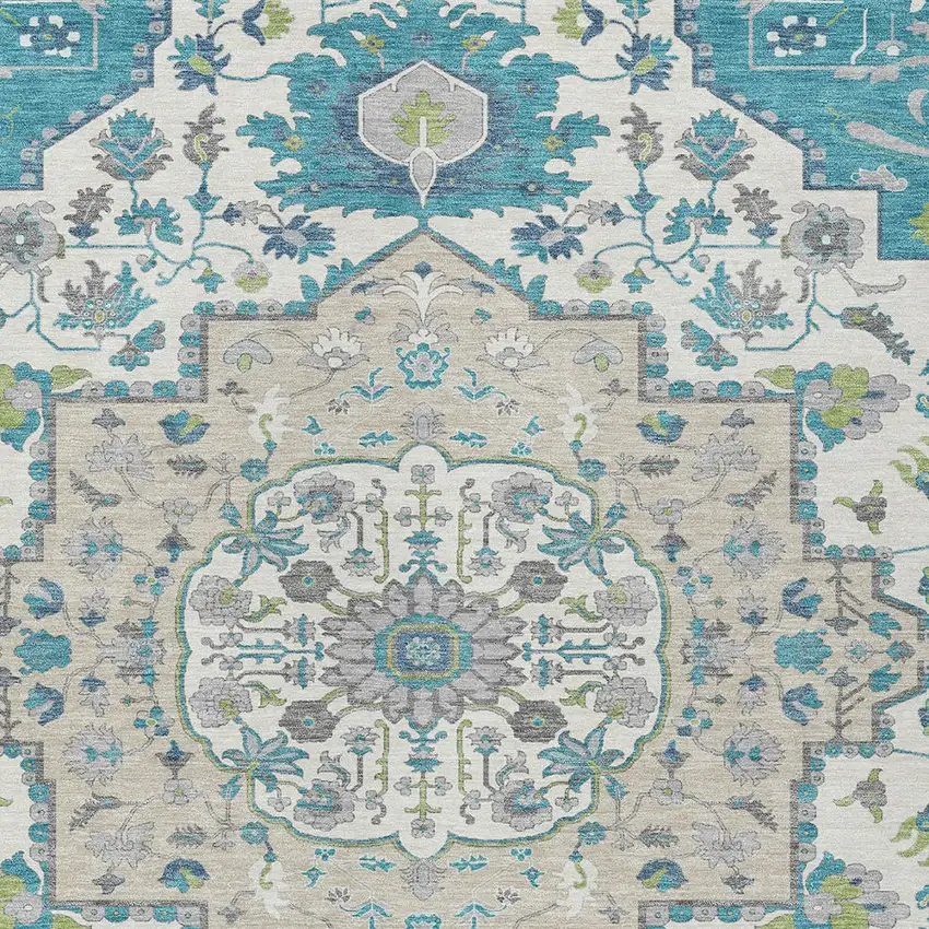 Teal Blue Green And Ivory Oriental Washable Indoor Outdoor Area Rug Photo 6