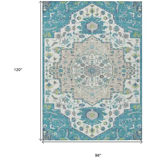 Teal Blue Green And Ivory Oriental Washable Indoor Outdoor Area Rug Photo 3