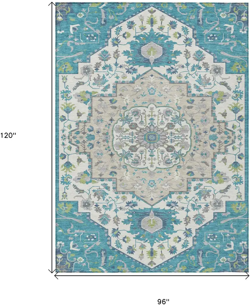 Teal Blue Green And Ivory Oriental Washable Indoor Outdoor Area Rug Photo 3