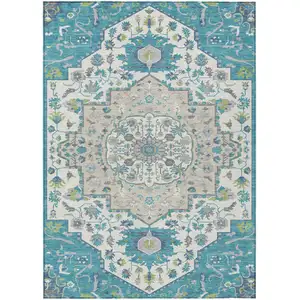 Photo of Teal Blue Green And Ivory Oriental Washable Indoor Outdoor Area Rug