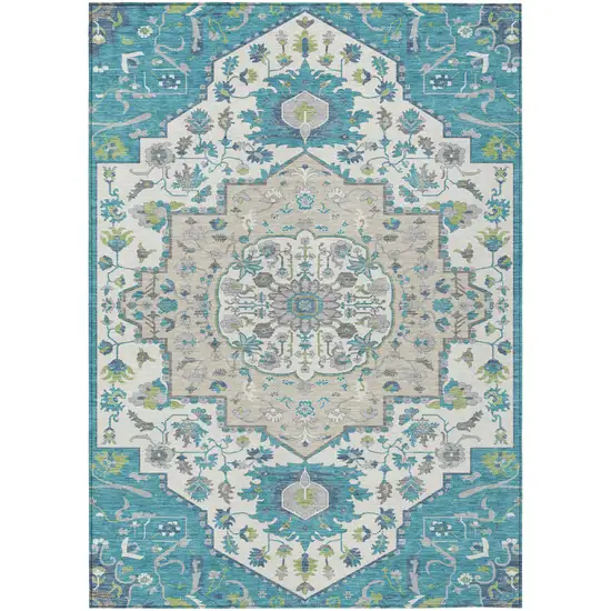 Teal Blue Green And Ivory Oriental Washable Indoor Outdoor Area Rug Photo 2