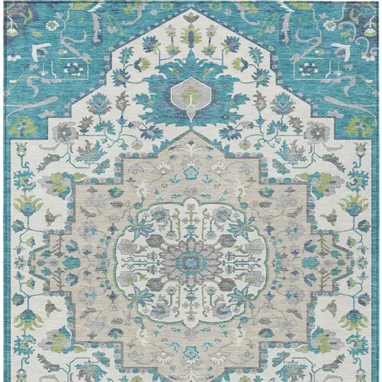 Teal Blue Green And Ivory Oriental Washable Indoor Outdoor Area Rug Photo 7