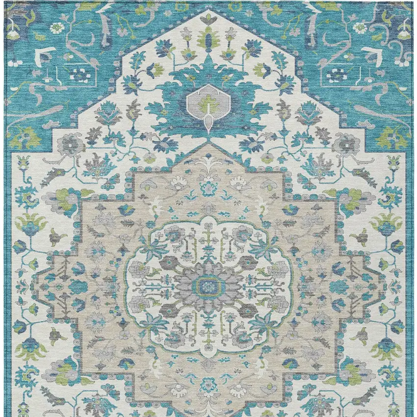Teal Blue Green And Ivory Oriental Washable Indoor Outdoor Area Rug Photo 7