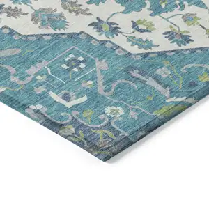 Photo of Teal Blue Green And Ivory Oriental Washable Indoor Outdoor Area Rug