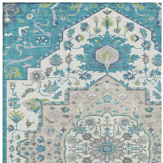 Teal Blue Green And Ivory Oriental Washable Indoor Outdoor Area Rug Photo 6