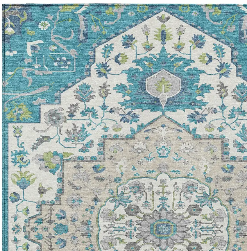 Teal Blue Green And Ivory Oriental Washable Indoor Outdoor Area Rug Photo 6