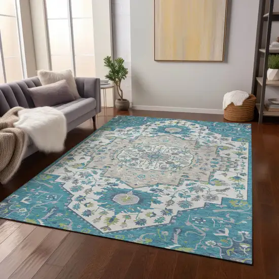 Teal Blue Green And Ivory Oriental Washable Indoor Outdoor Area Rug Photo 9