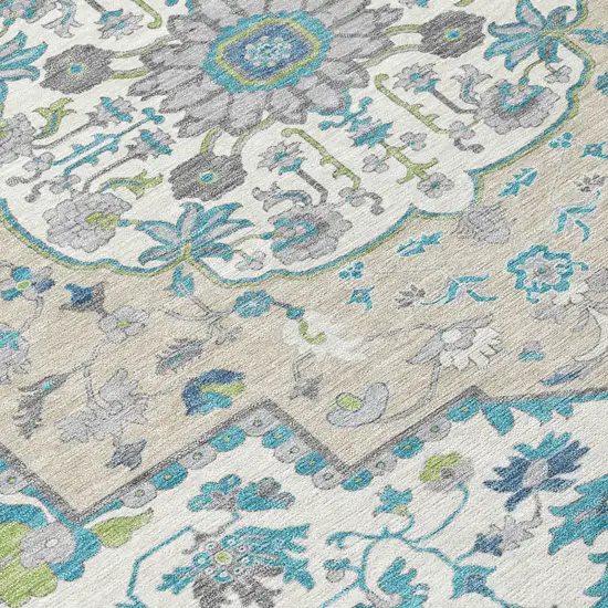 Teal Blue Green And Ivory Oriental Washable Indoor Outdoor Area Rug Photo 5
