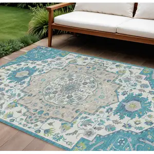 Photo of Teal Blue Green And Ivory Oriental Washable Indoor Outdoor Area Rug