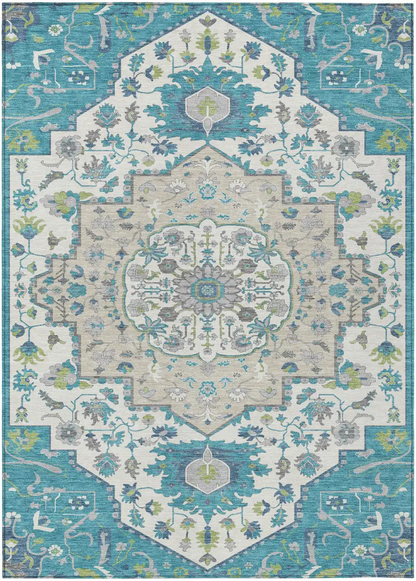 Teal Blue Green And Ivory Oriental Washable Indoor Outdoor Area Rug Photo 2