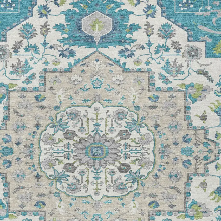 Teal Blue Green And Ivory Oriental Washable Indoor Outdoor Area Rug Photo 6