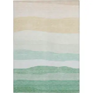 Photo of Teal Blue Green And Ivory Striped Washable Indoor Outdoor Area Rug
