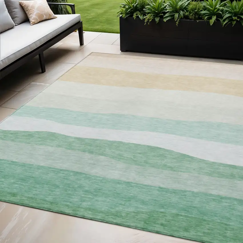 Teal Blue Green And Ivory Striped Washable Indoor Outdoor Area Rug Photo 2