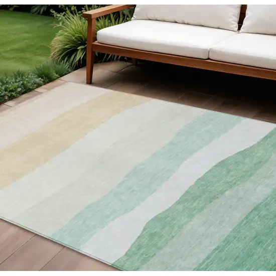 Teal Blue Green And Ivory Striped Washable Indoor Outdoor Area Rug Photo 2