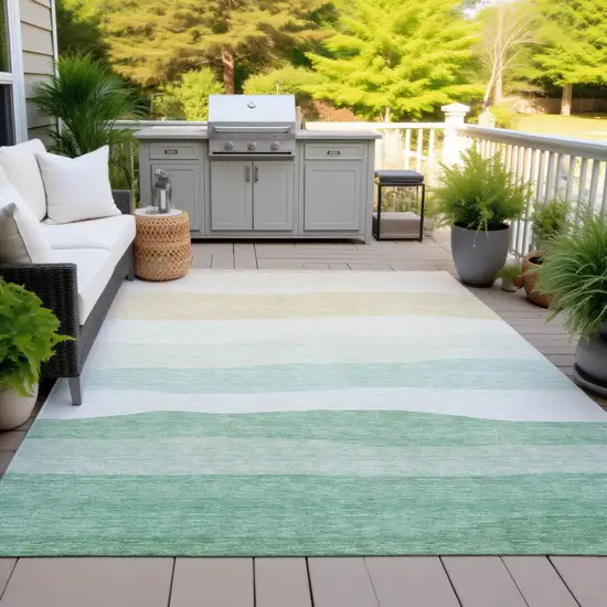 Teal Blue Green And Ivory Striped Washable Indoor Outdoor Area Rug Photo 5