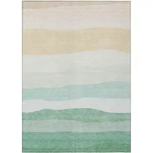 Photo of Teal Blue Green And Ivory Striped Washable Indoor Outdoor Area Rug