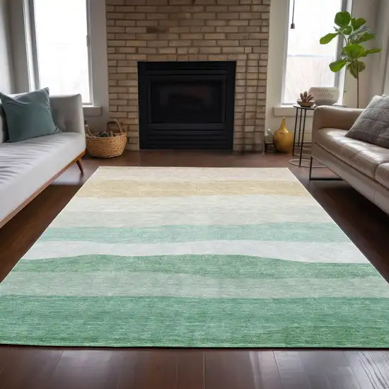 Teal Blue Green And Ivory Striped Washable Indoor Outdoor Area Rug Photo 7