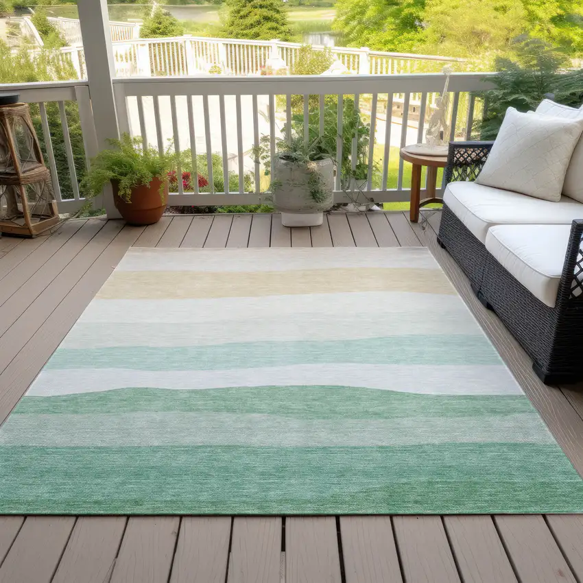 Teal Blue Green And Ivory Striped Washable Indoor Outdoor Area Rug Photo 8
