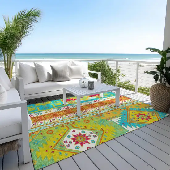 Teal Blue Green And Pink Aztec Washable Indoor Outdoor Area Rug Photo 9