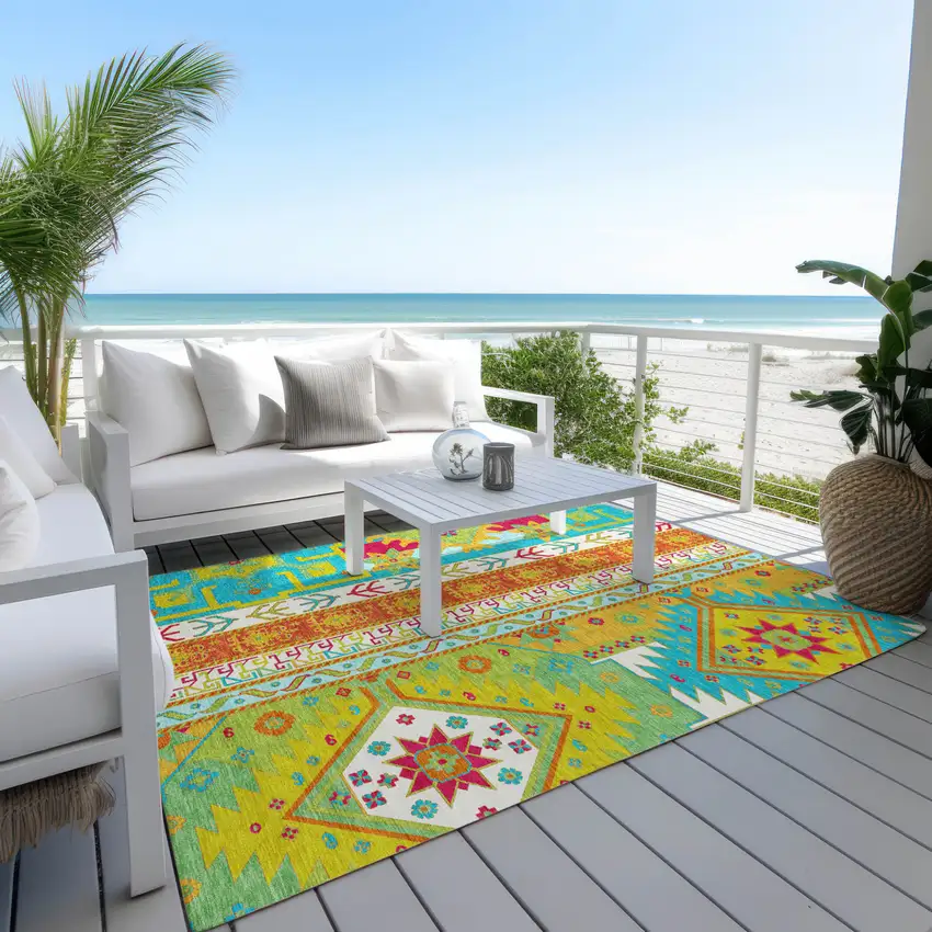 Teal Blue Green And Pink Aztec Washable Indoor Outdoor Area Rug Photo 9