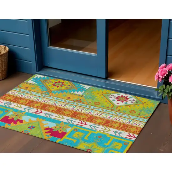 Teal Blue Green And Pink Aztec Washable Indoor Outdoor Area Rug Photo 1