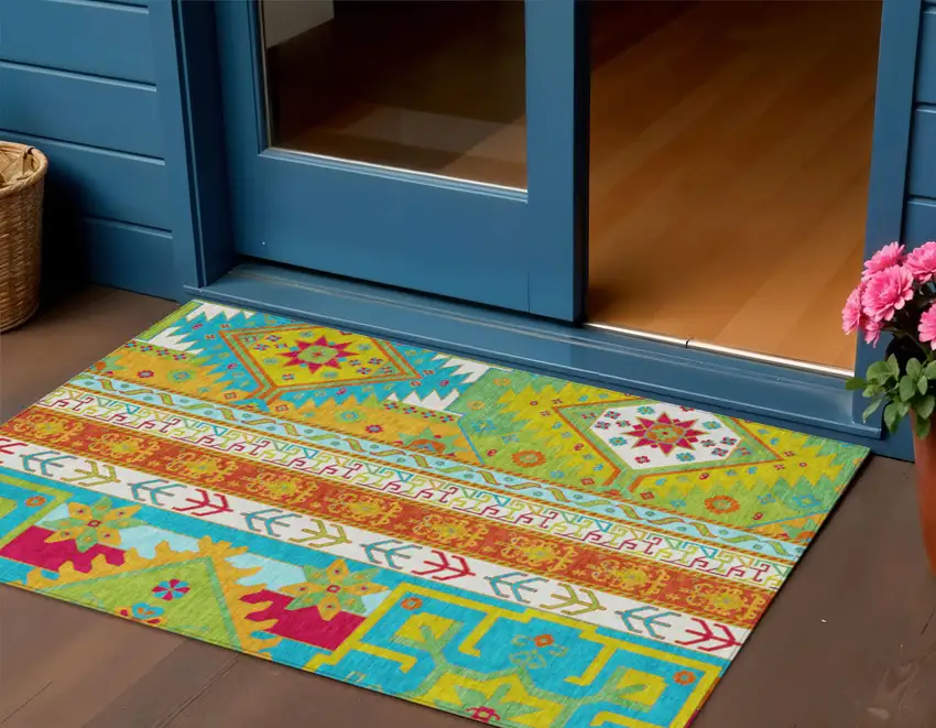 Teal Blue Green And Pink Aztec Washable Indoor Outdoor Area Rug Photo 1