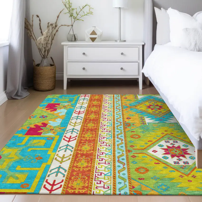 Teal Blue Green And Pink Aztec Washable Indoor Outdoor Area Rug Photo 9