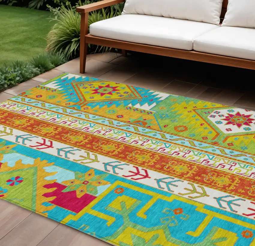 Teal Blue Green And Pink Aztec Washable Indoor Outdoor Area Rug Photo 1