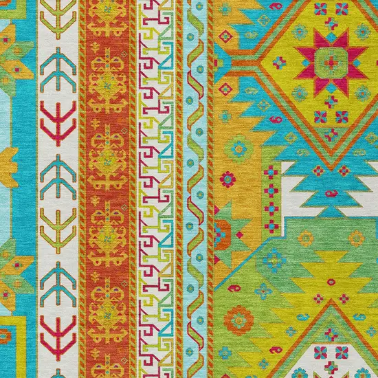 Teal Blue Green And Pink Aztec Washable Indoor Outdoor Area Rug Photo 5
