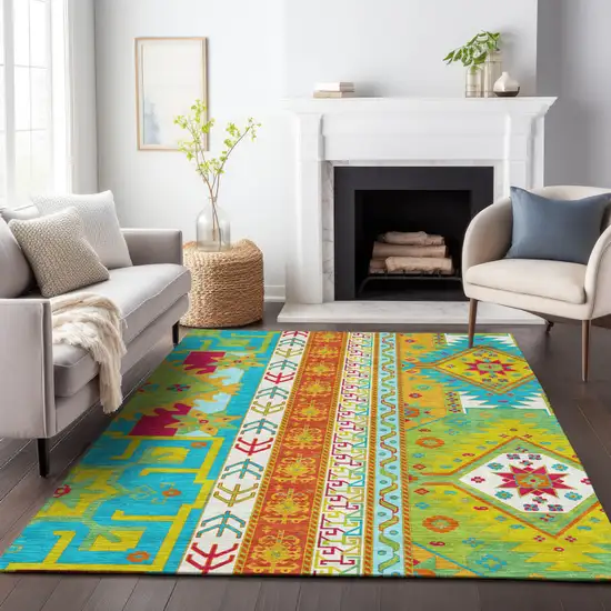Teal Blue Green And Pink Aztec Washable Indoor Outdoor Area Rug Photo 9