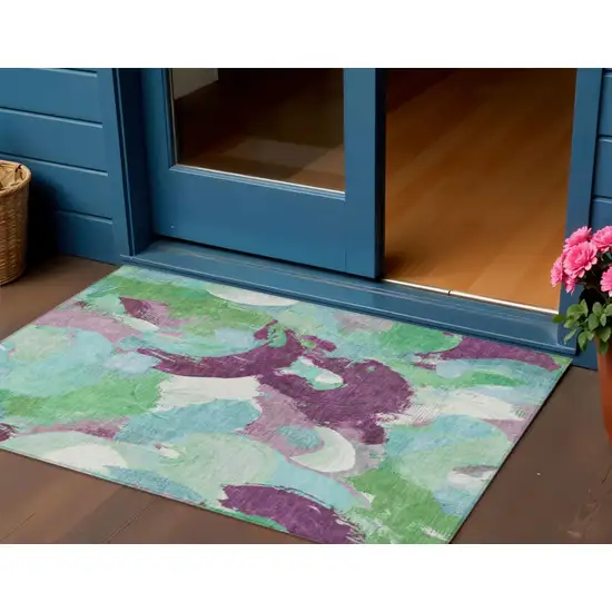 Teal Blue Green And Purple Abstract Washable Indoor Outdoor Area Rug Photo 2