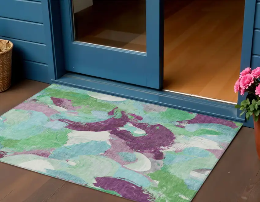 Teal Blue Green And Purple Abstract Washable Indoor Outdoor Area Rug Photo 2